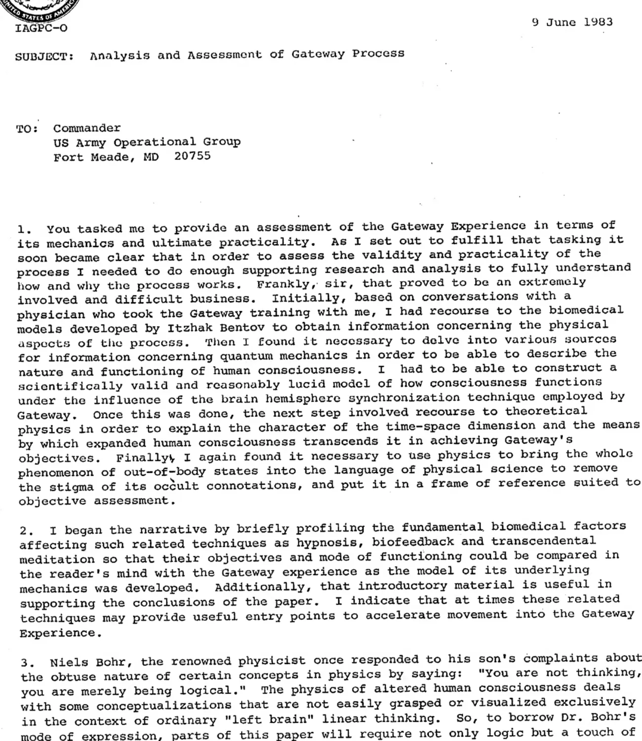 1983년 6월 9일자 Gateway Process 보고서 첫 페이지