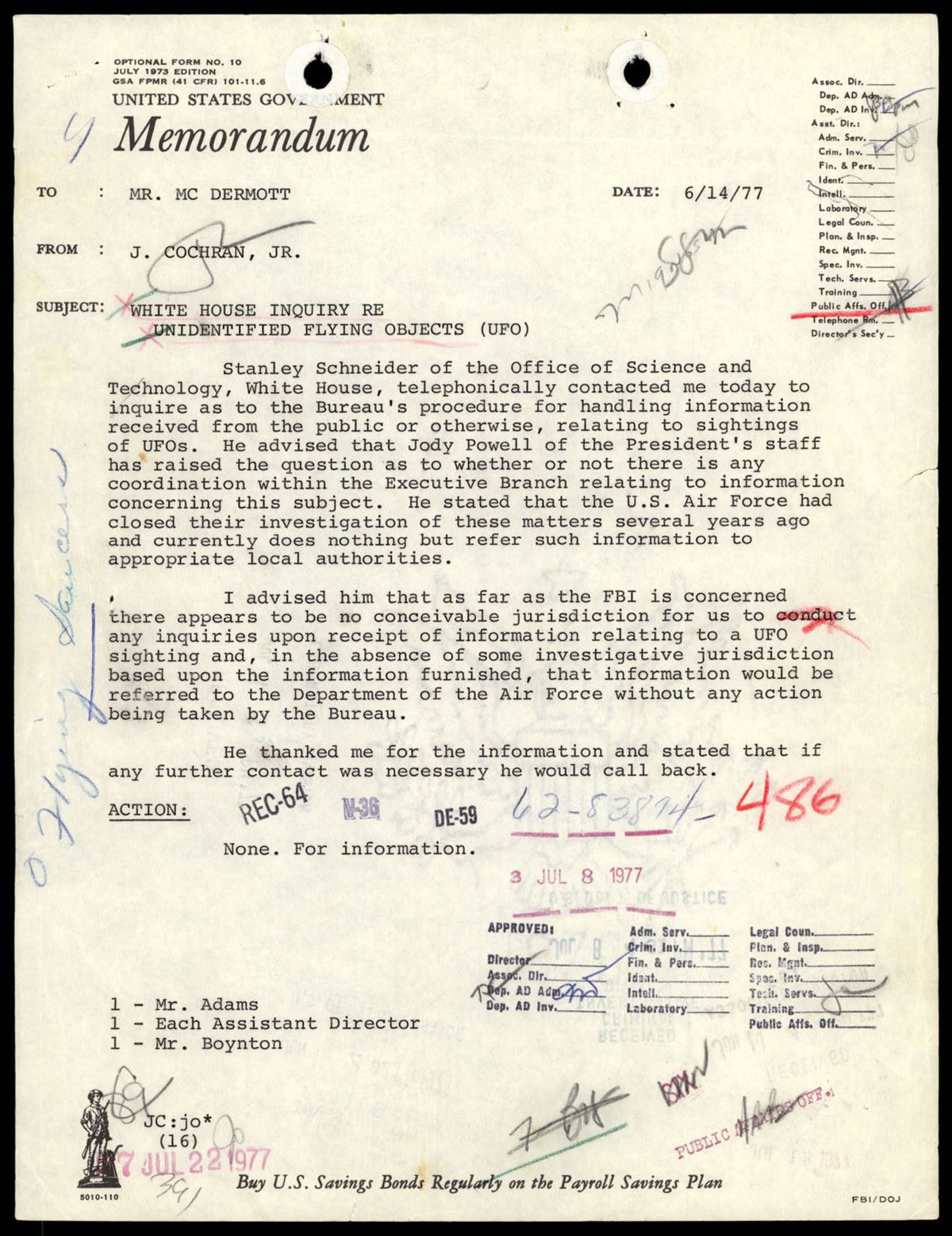 1977년 6월 14일, 코크런이 내부에 작성한 메모. 백악관 문의의 경위와 'FBI 차원에서는 UFO 관할 없음' 결론이 타자기로 정리돼 있다. p.183