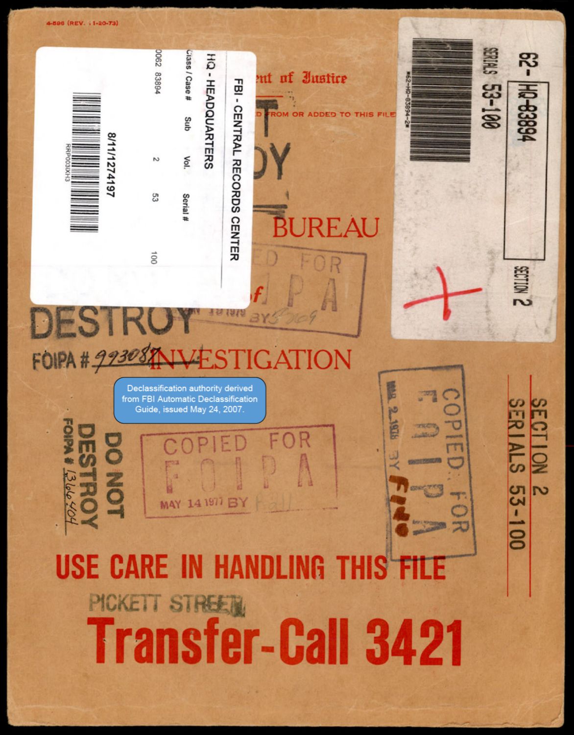 FBI 사건 파일 62-HQ-83894 단수 2 표지. 'DESTROY'와 'DO NOT DESTROY' 도장이 나란히 찍혀 있고, 'COPIED FOR FOIPA MAY 14 1971' 도장이 여러 곳에 남아 있다. 파란 스티커에 2007년 자동 기밀해제 근거가 명시됐다. p.1