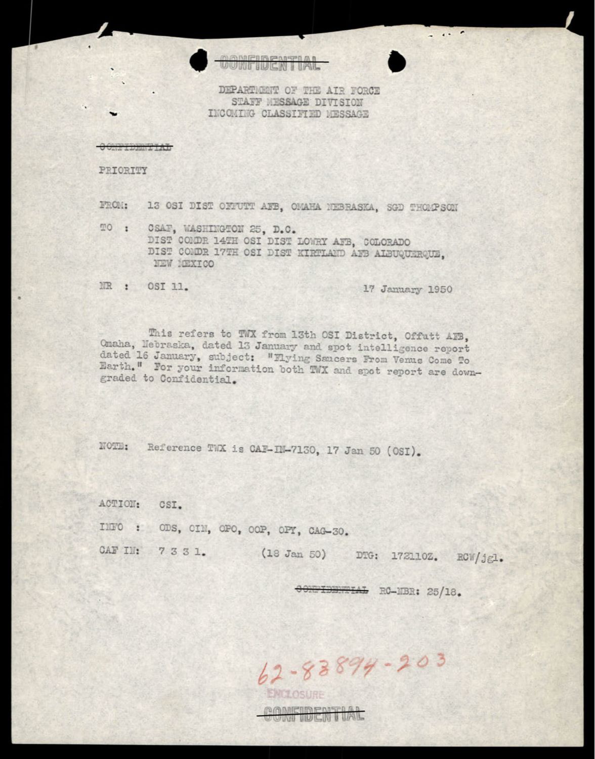 1950년 1월 17일, 네브래스카 오펏 공군기지(Offutt AFB) 13 OSI 지구사령부(톰슨 준장)가 워싱턴 D.C. 공군참모총장과 콜로라도 로리 공군기지의 14 OSI, 뉴멕시코 커틀랜드 공군기지의 17 OSI 앞으로 동시에 보낸 우선·기밀 전문. 발신번호 OSI 11. 본문은 짧다 — *전날인 1월 16일자 13지구 OSI 의 긴급 전문(TWX) 과 같은 날짜의 정보 보고, 제목 'Flying Saucers From Venus Come To Earth' 는 양쪽 다 Confidential 로 등급을 낮춰 처리한다.* 사건번호 62-83894-203. p.46