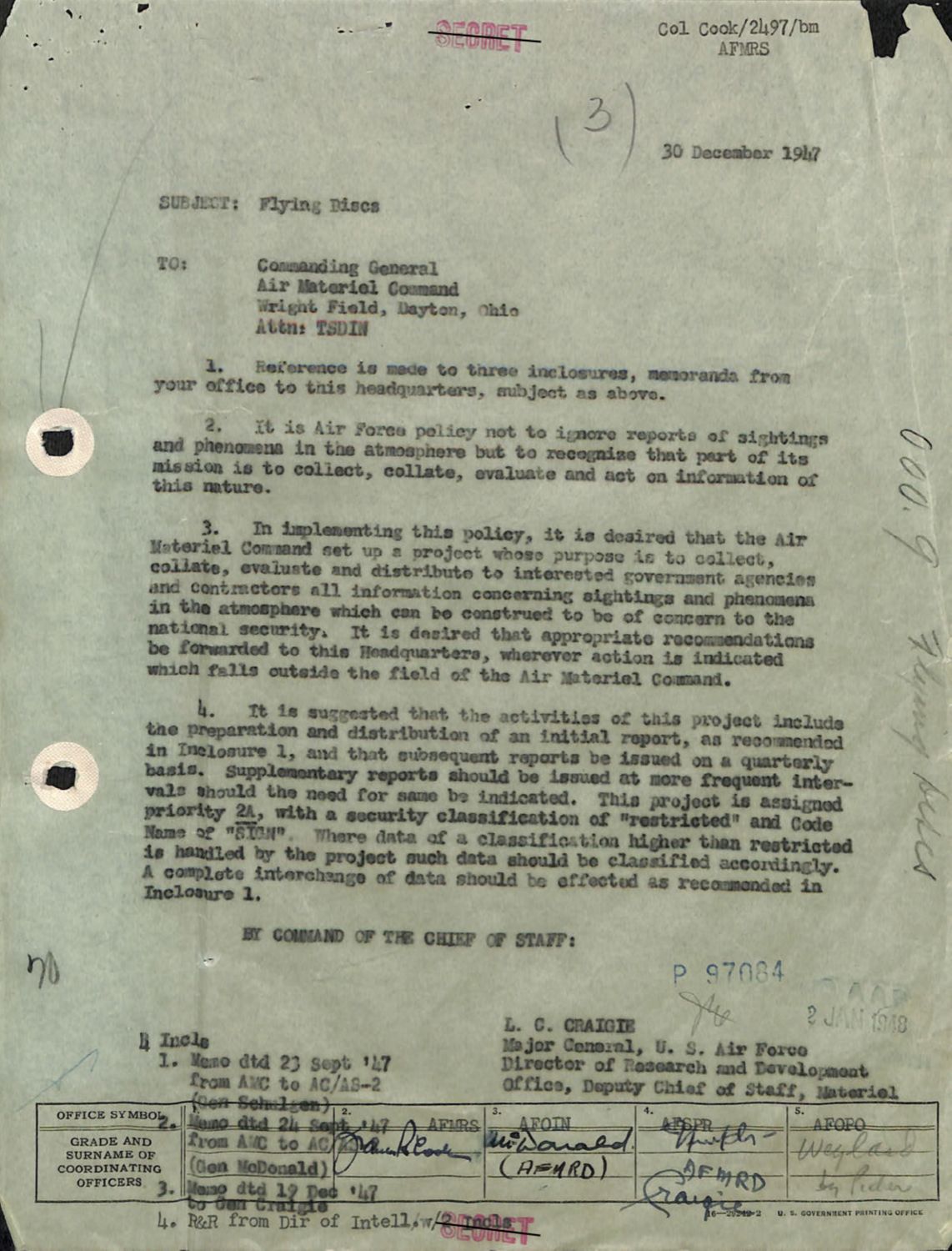 1947년 12월 30일 크레이기 소장이 항공자재사령부에 내린 지시문. 코드명 SIGN, 우선순위 2A, 보안 등급 제한(restricted). 미 공군 최초의 공식 UFO 조사 프로젝트 출범 명령서다. p.3