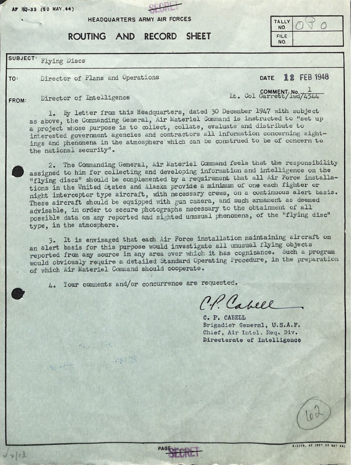1948년 2월 카벨 준장이 모든 기지에 전투기 상시 경계 대기와 건 카메라 무장을 제안한 라우팅 시트. SECRET 도장과 친필 서명이 남아 있다. p.18