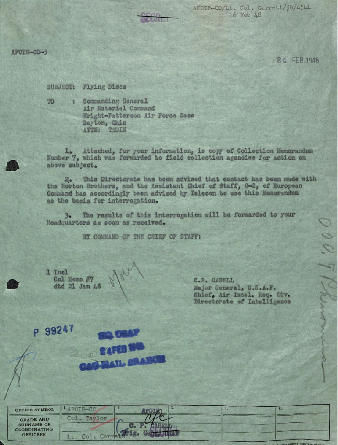 1948년 2월 카벨 소장이 호르텐 형제 심문을 유럽사령부에 지시한 공문. Flying Discs와 호르텐 형제를 공식 연결한 명령서. p.23