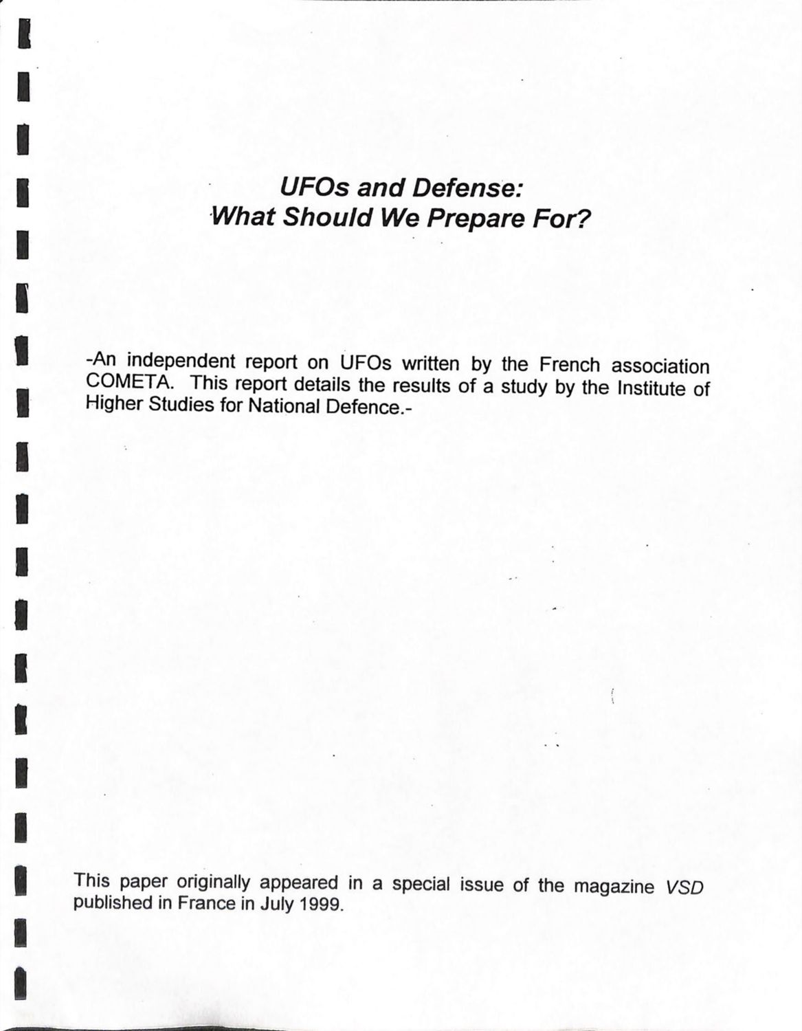 COMETA 보고서 영어 번역본 표지. 「UFOs and Defense: What Should We Prepare For?」 — 프랑스 국방고등연구원이 진행한 연구 결과. 1999년 7월 VSD 특별호 게재본의 번역 스캔. p.5