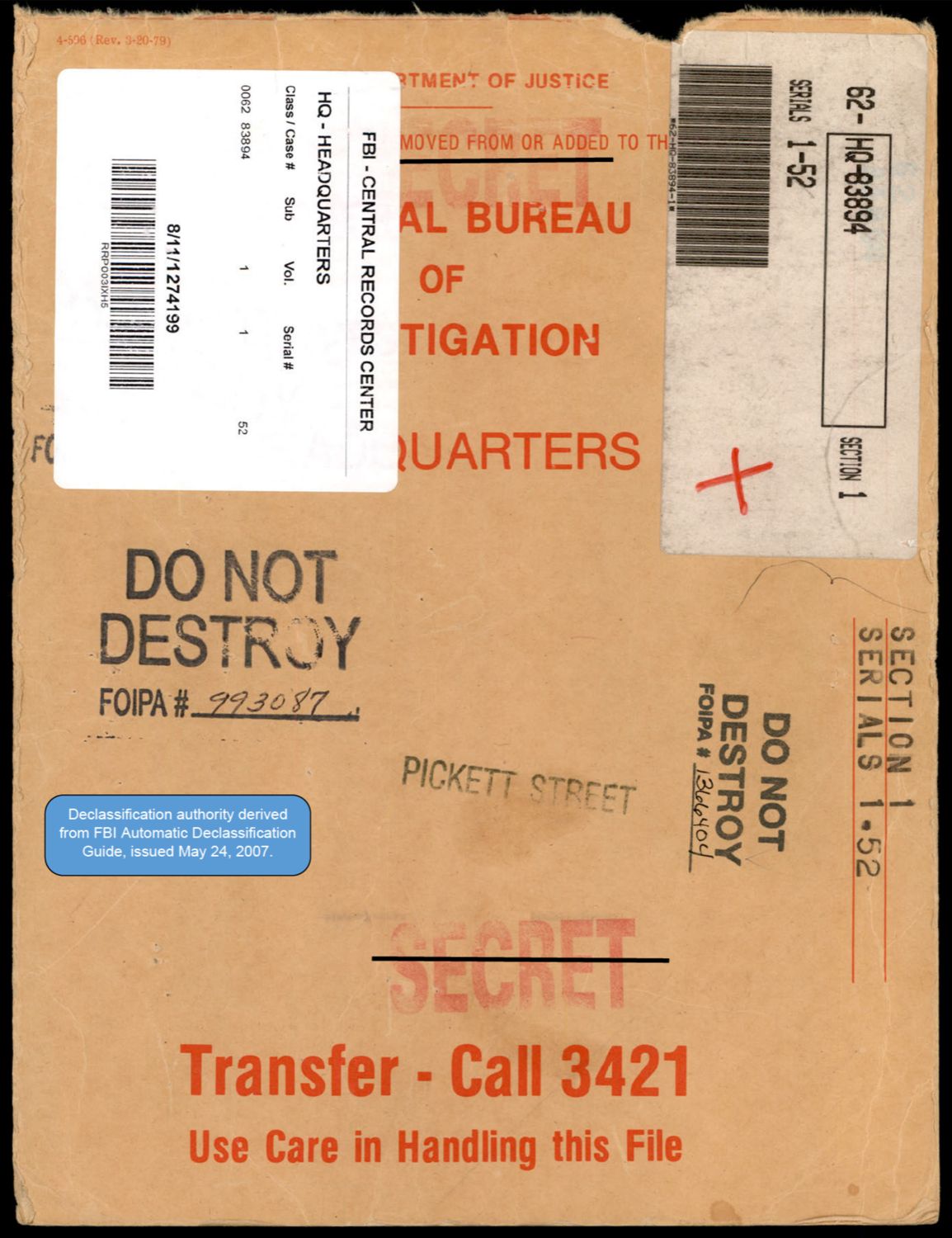 FBI 사건 파일 62-HQ-83894 단수 1 표지. 'FEDERAL BUREAU OF INVESTIGATION' 레터헤드 아래 'DO NOT DESTROY'·'PICKETT STREET'·'SECRET(취소선)' 도장이 겹쳐 있다. 2007년 FBI 자동 기밀해제 지침으로 해제됐다. p.1
