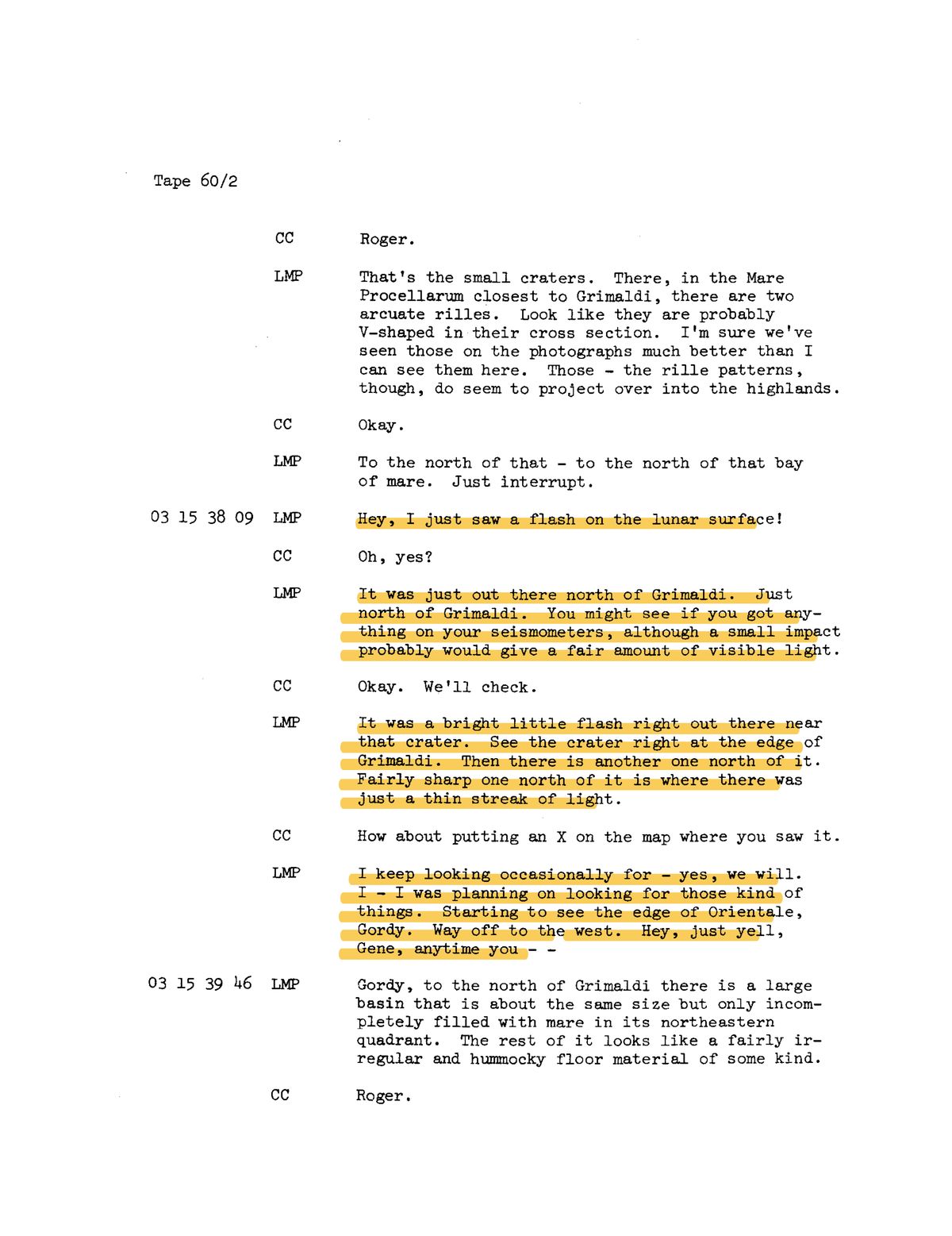 테이프 60/2 — 슈미트가 달 표면 섬광을 실시간으로 외치는 교신. 결정적 발화에 형광펜 강조. p.16