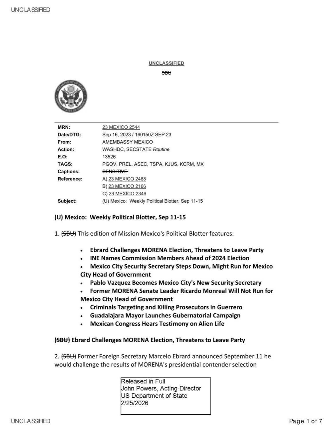 2023년 9월 16일 멕시코시티 대사관발 주간 정치 보고 표지. 'Mexican Congress Hears Testimony on Alien Life' 항목이 목록에 포함. p.1