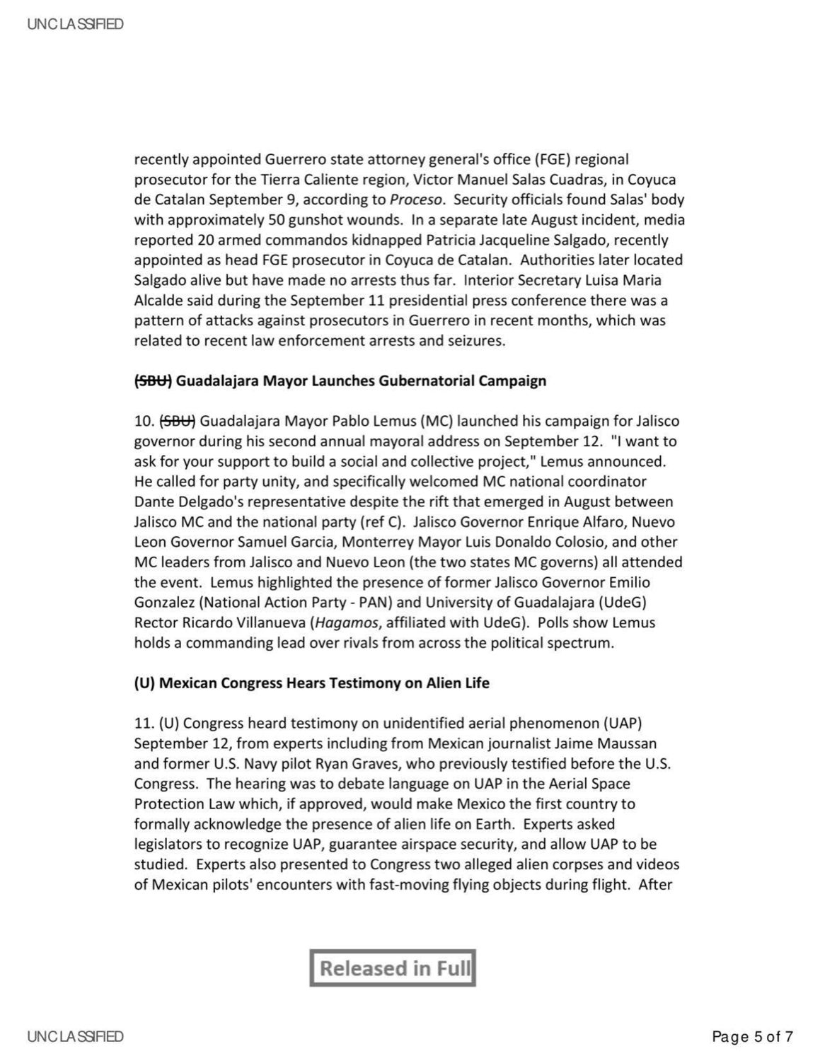 'Mexican Congress Hears Testimony on Alien Life' 항목 본문 — 마우산·그레이브스 증언과 외계 시신 공개 내용이 담긴 핵심 페이지. p.5