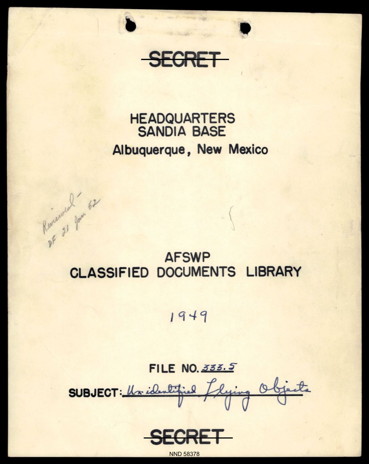 샌디아 기지 AFSWP 기밀문서 도서관 표지. 파일 번호 333.5, 주제는 "Unidentified flying objects"로 적혀 있다. p.3
