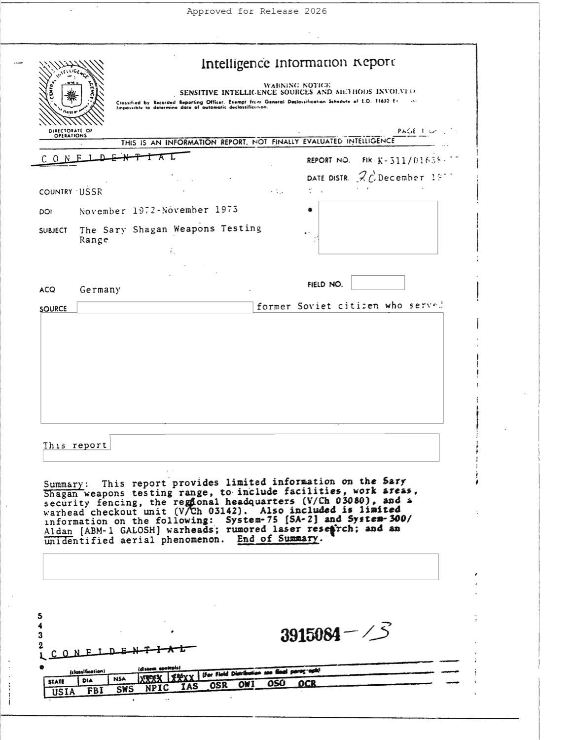 CIA Directorate of Operations 정보보고서 첫 페이지. 주제는 사리 샤간 무기 시험장이고, 요약 끝에 미확인 공중 현상이 포함되어 있다. p.1
