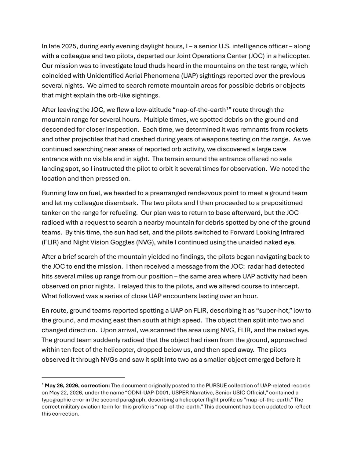 고위 정보 당국자의 1인칭 진술서 첫 페이지. 수색 임무와 근접 조우의 시작이 적혀 있다. p.1