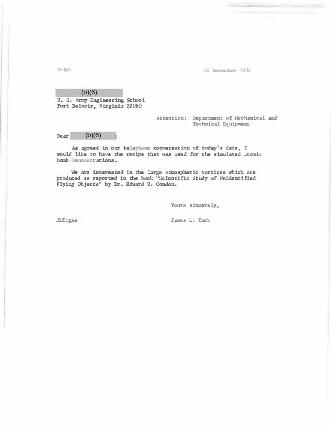 James L. Tuck이 1970년 12월 16일 미 육군 공병학교에 보낸 편지. 모의 원자폭탄 시연의 조제법과 Condon 보고서에 나온 대기 소용돌이를 연결한다. p.3