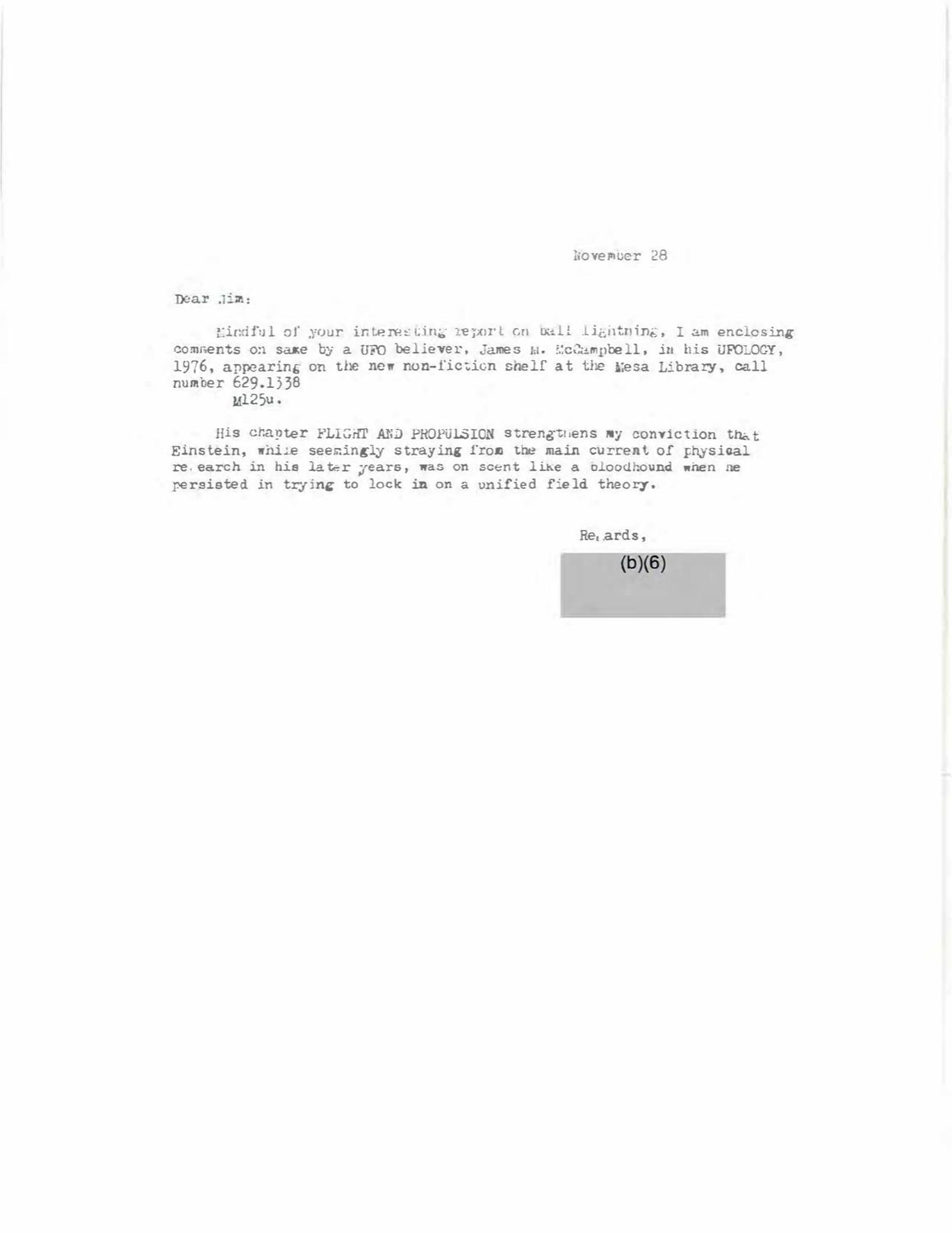 Jim에게 보낸 11월 28일자 편지. 구형 번개 보고서, James M. McCampbell의 UFOLOGY, 아인슈타인의 통일장 이론을 한 편지 안에서 이어 놓는다. p.4